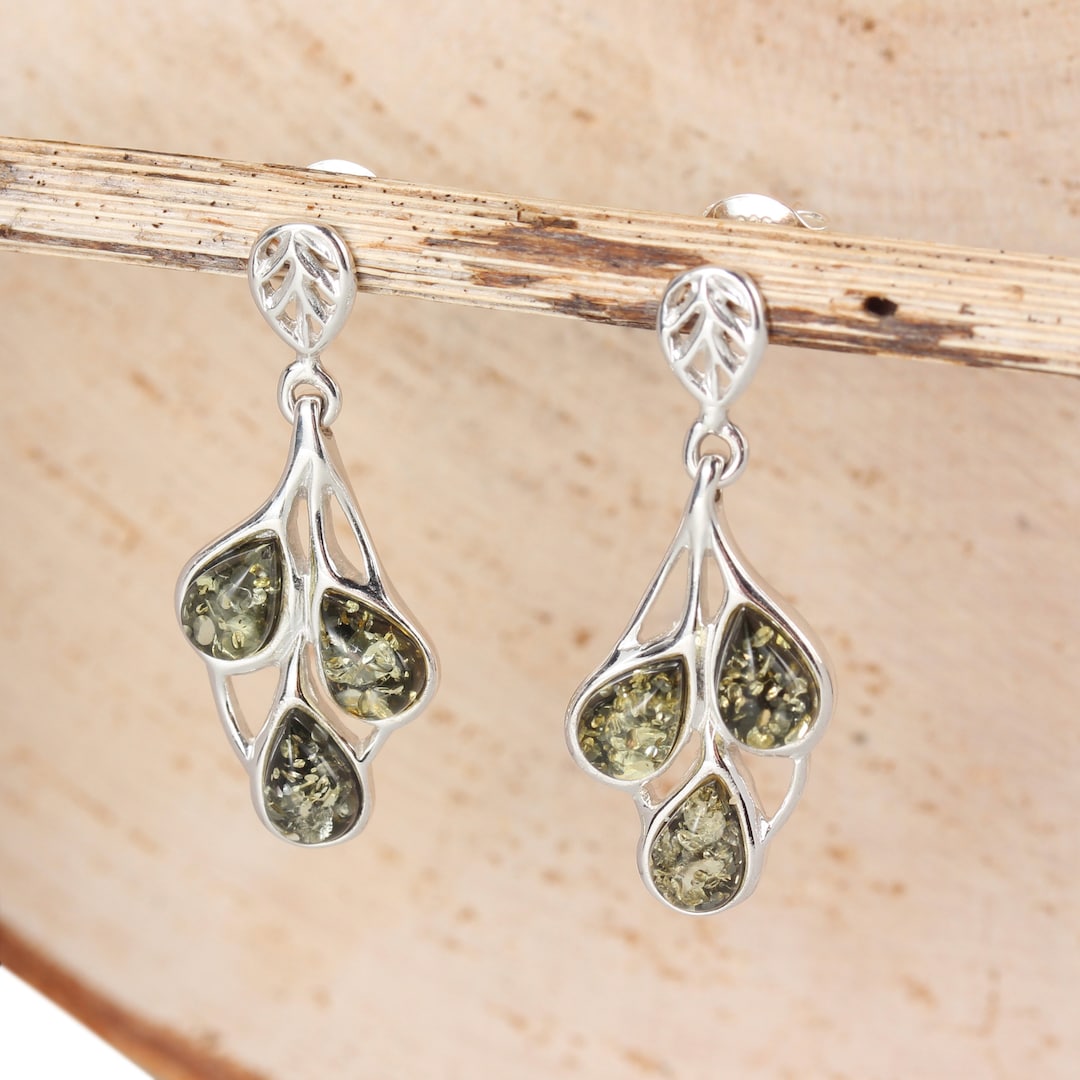 Orecchini Pendenti In Ambra Mista E Argento Sterling, Foglia Fantasia, Colori Arancione, Giallo E Verde, H2235/M