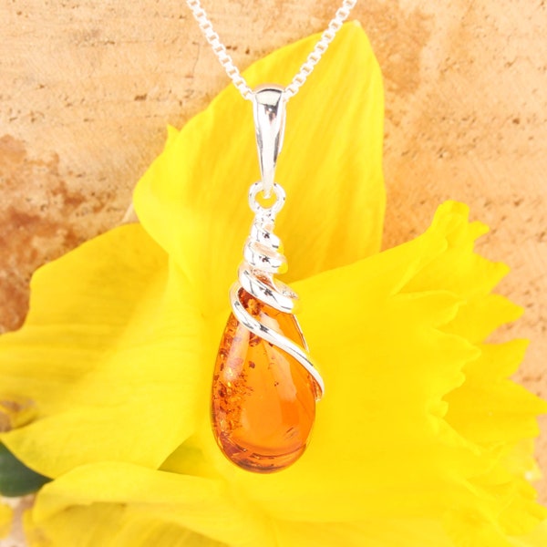 Baltic Amber Pendant 925 Sterling Silver Genuine Honey Baltic Amber Necklace, Rare Amber, Modern Amber, Unusual Amber, Perfect Gifts For Her