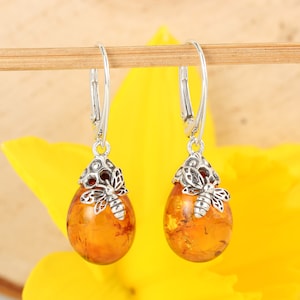 Amber Bee On Honeycomb Drop Earrings 925 Sterling Silver Genuine Honey Baltic Amber Animals Perfect Gifts For Her