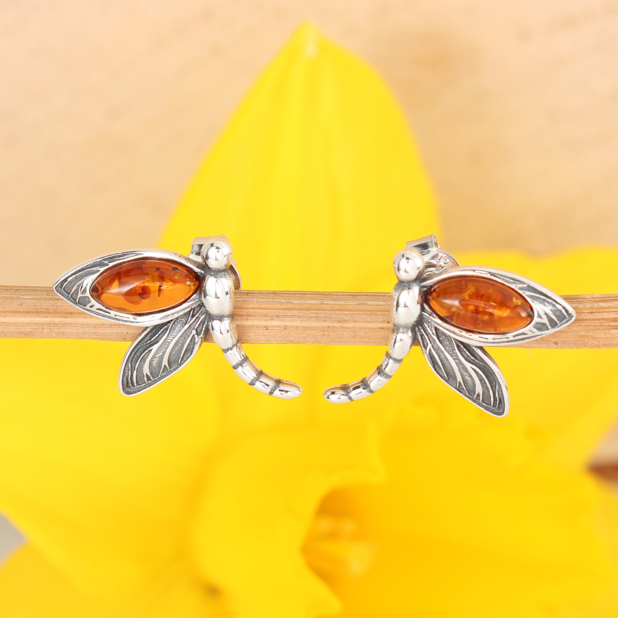 Amber Dragonfly Earrings 925 Sterling 