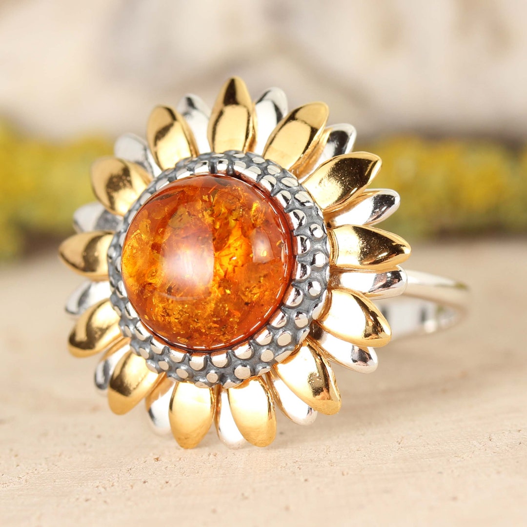 Amber Sunflower Ring Gold Plated 925 Sterling Silver Genuine Honey ...