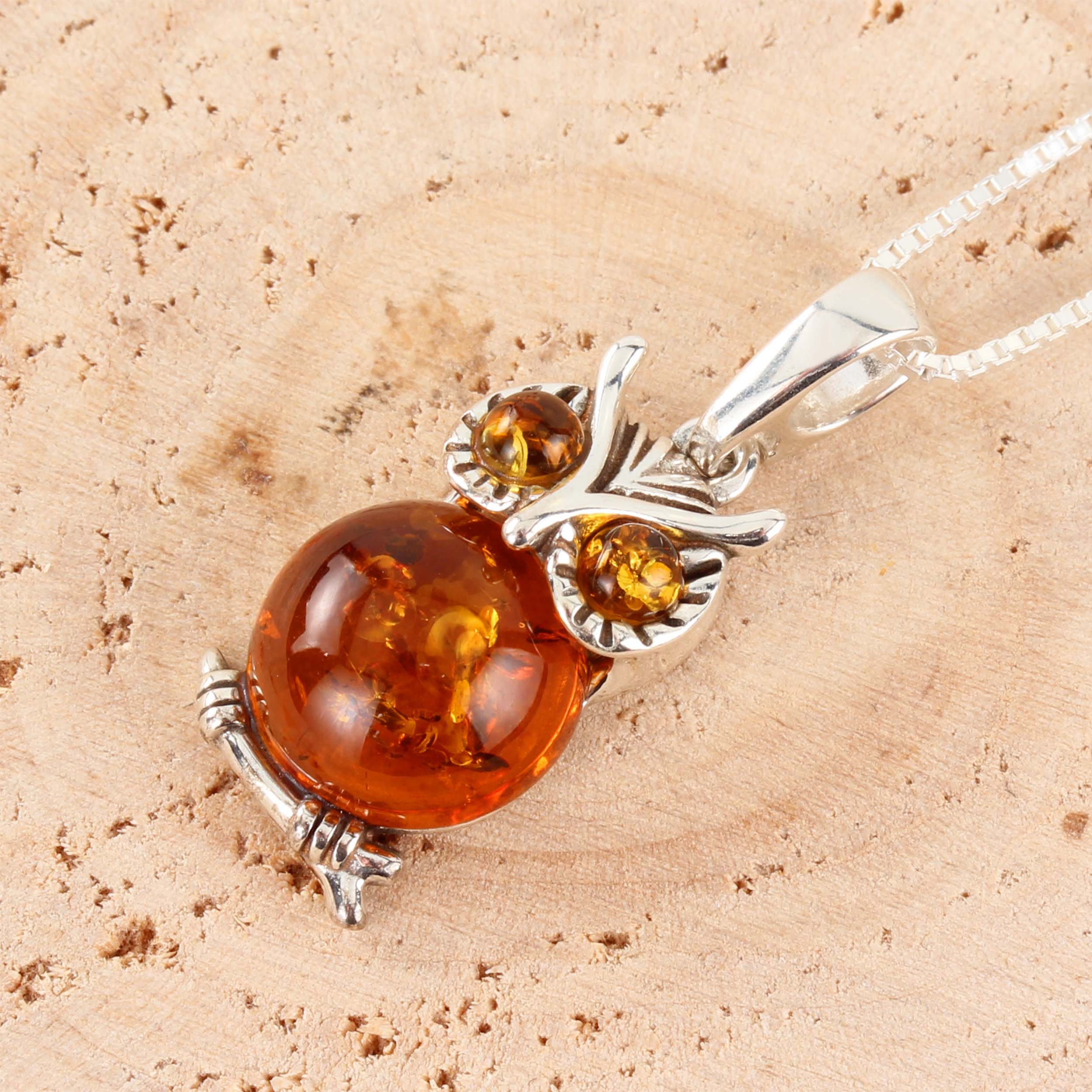琥珀のフクロウペンダント 925 スターリングシルバー 本物のハニー