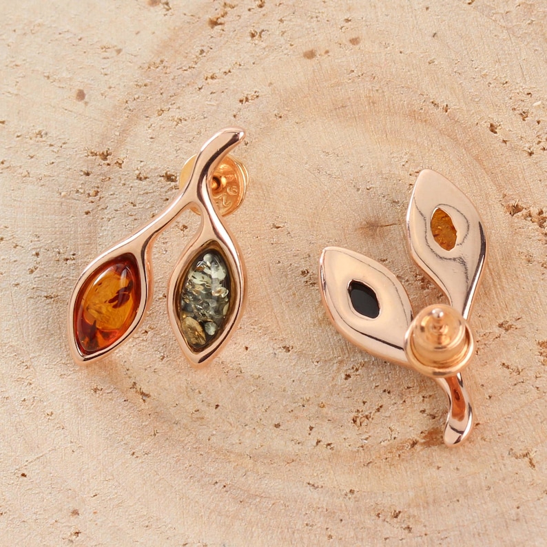 Amber Leaves Stud Earrings Rose Gold Plated 925 Sterling Silver Green And Honey Baltic Amber