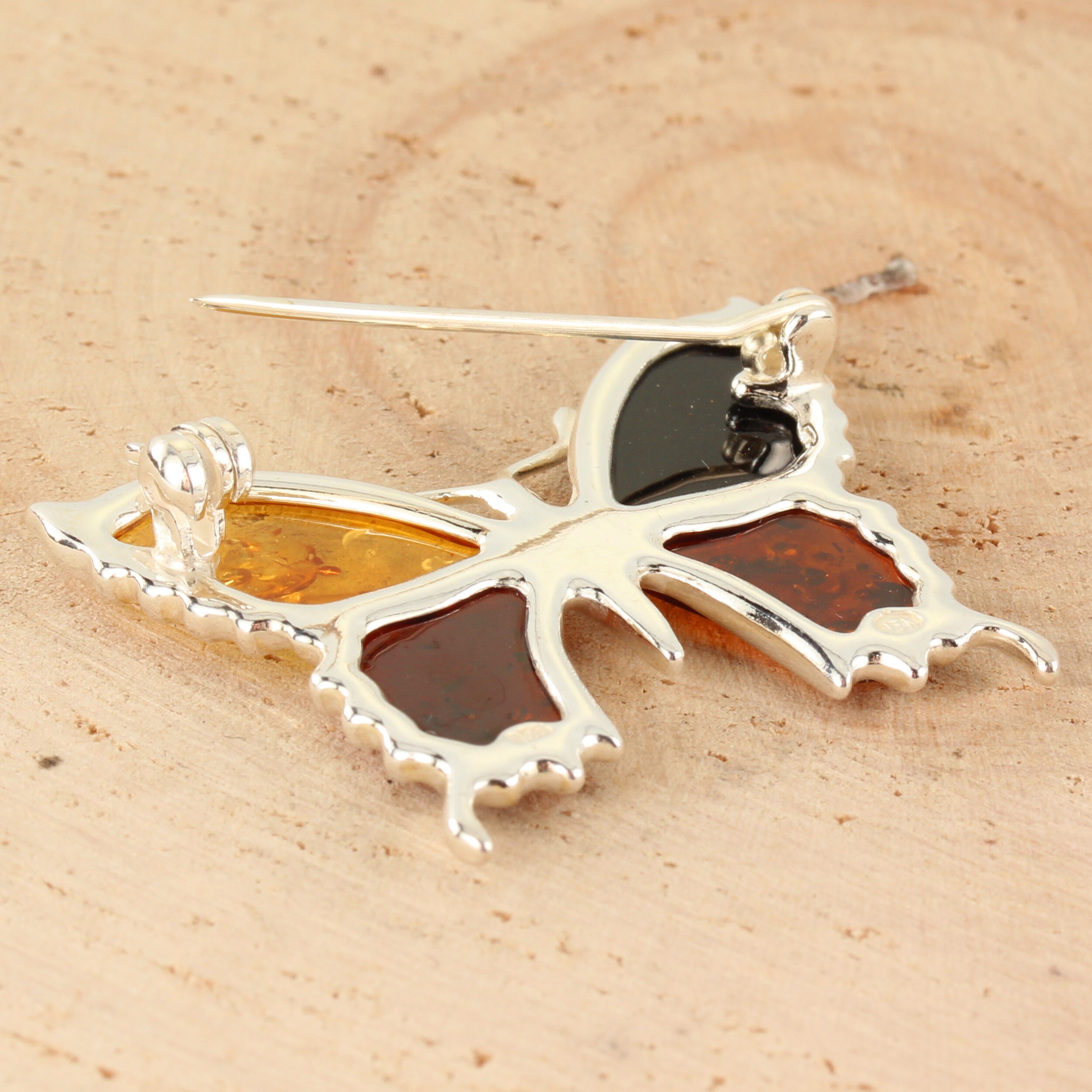 Broche Papillon Artisanale En Argent 925 Avec Ambre De La Baltique - Effet Vitrail, Taille XXL (80x60 Mm)