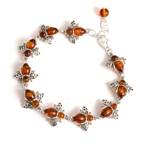 Amber Bee Bracelet 925 Sterling Silver Honey Baltic Amber Adjustable Bracelet, Perfect Gift For Her, For Small Or Large Wrists