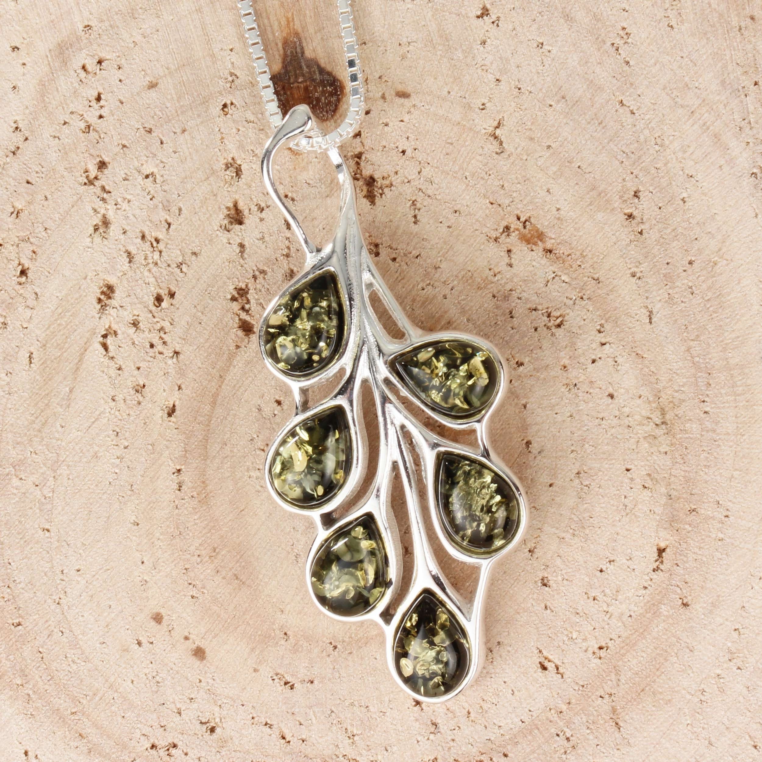 Pendentif En Argent 925 Avec Ambre Orange - Forme Feuille Ovale - Bijou Occasion