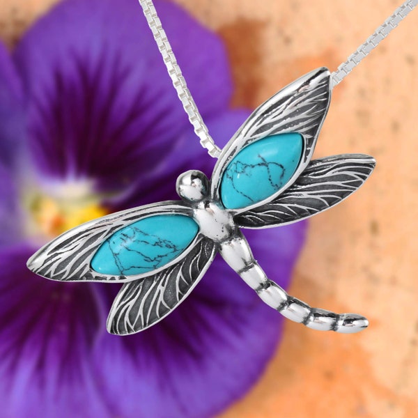 Turquoise Dragonfly Pendant 925 Sterling Silver, Genuine Blue Turquoise, Perfect Gift, Dragonfly, Presents, Turquoise Jewellery, Necklace