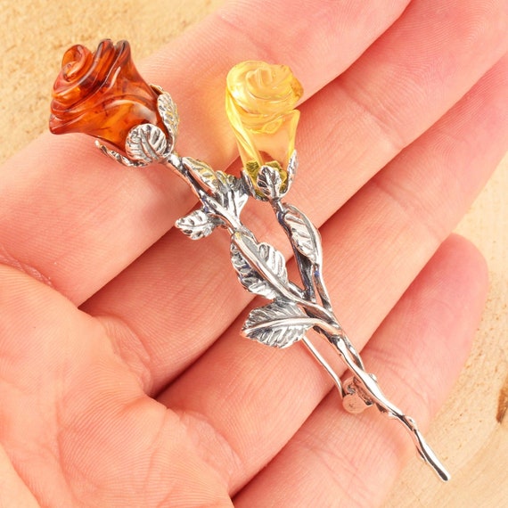 Broche Bouton De Rose En Argent 925 Et Ambre Miel - Bijou Occasion, Détail Fin