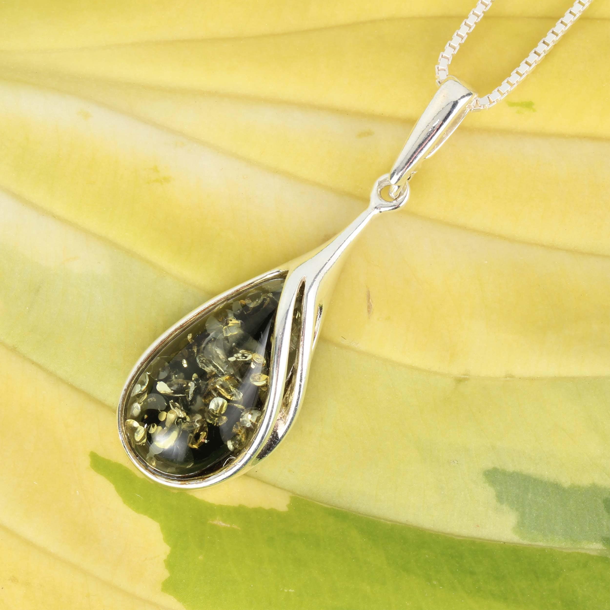 Amber Pear Drop Pendant 925 Sterling Silver Genuine Green Baltic Amber ...
