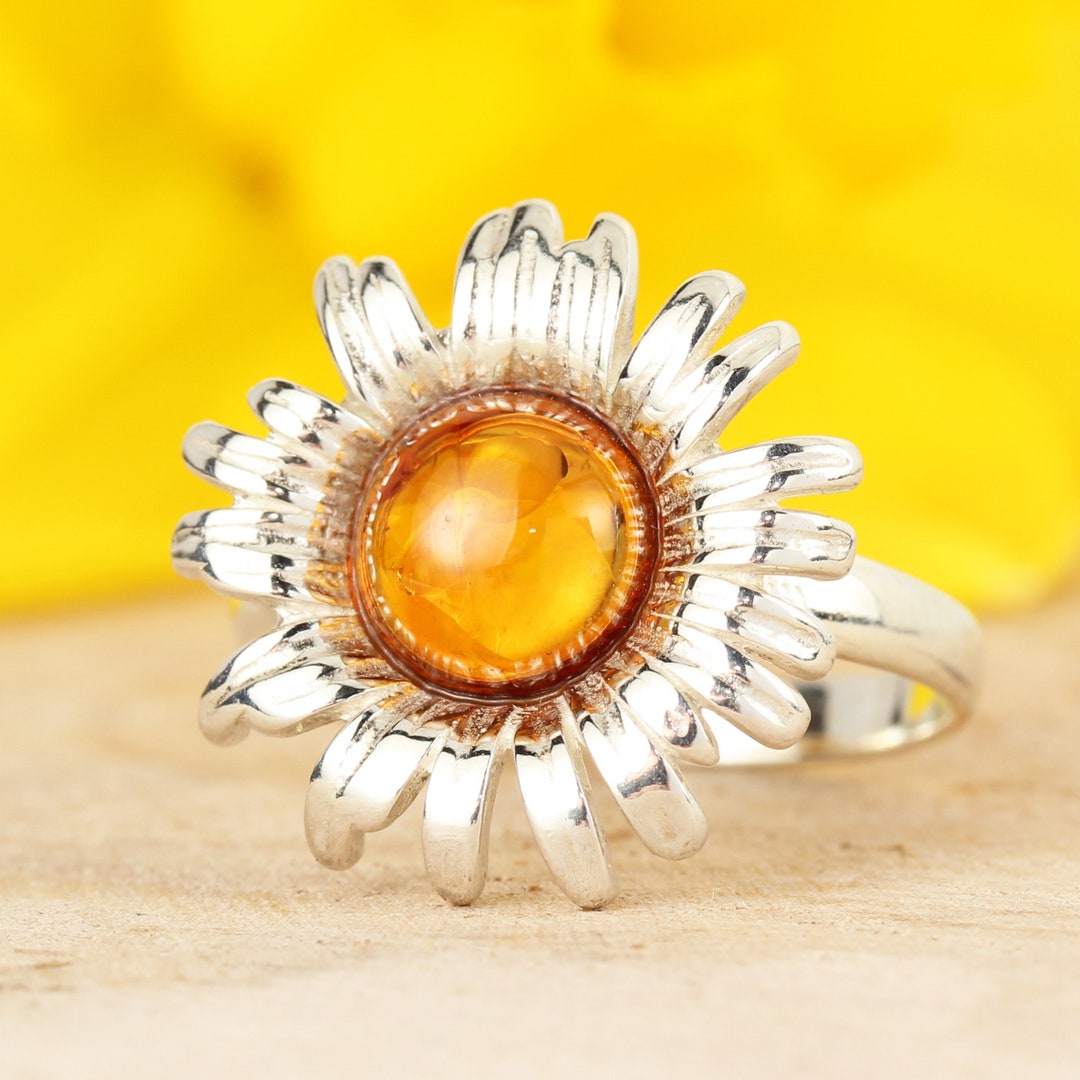 Amber Sunflower Ring 925 Sterling Silver Genuine Honey Baltic Amber ...