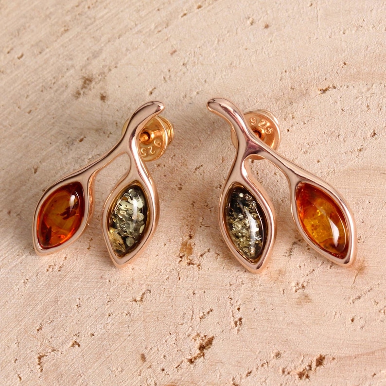 Amber Leaves Stud Earrings Rose Gold Plated 925 Sterling Silver Green And Honey Baltic Amber