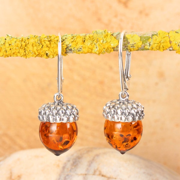 Amber Acorn Drop Earrings 925 Sterling Silver Genuine Honey Baltic Amber Earrings Nature Inspired Necklace Perfect Gift