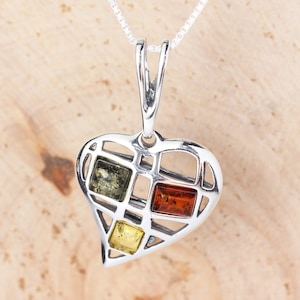 Amber Hollow Heart Pendant 925 Sterling Silver Genuine Multicoloured Baltic Amber Heart, Rich Amber, Handmade Pendant, Unusual Amber, Modern