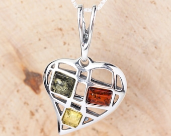 Amber Hollow Heart Pendant 925 Sterling Silver Genuine Multicoloured Baltic Amber Heart, Rich Amber, Handmade Pendant, Unusual Amber, Modern