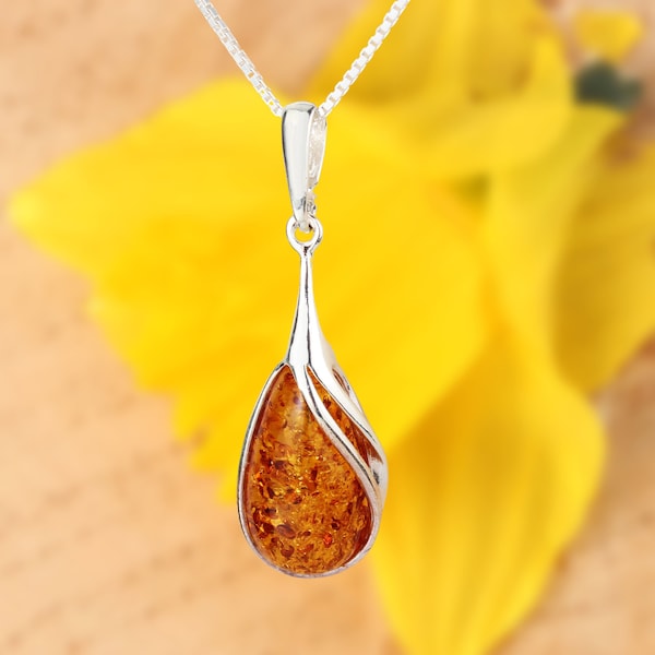 Amber Pear Drop Pendant 925 Sterling Silver Genuine Honey Baltic Amber necklace, Unusual Amber, Modern Amber, Perfect Gift