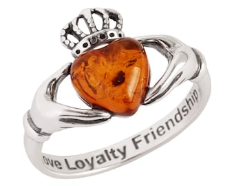 Amber Claddagh Ring 925 Sterling Silver Genuine Honey Baltic Amber