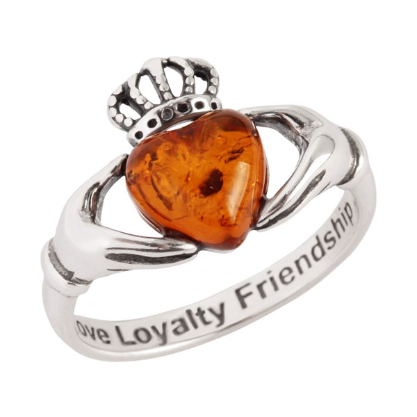 Amber Claddagh Ring 925 Sterling Silver Genuine Honey Baltic Amber Ring, Love Ring, Loyalty Ring, Friendship Ring, Gifts For Her, Ireland