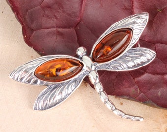 Amber Dragonfly Brooch 925 Sterling Silver Genuine Honey Baltic Amber Brooch, Gifts For Her, Silver Brooches, Pin Jewellery, Insect Jewelry