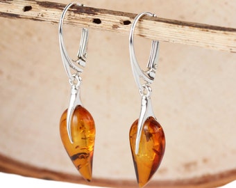 Amber Leaves Drop Earrings 925 Sterling Silver Genuine Honey Baltic Amber Earrings, Rich Amber, Unusual Amber, Modern Amber, Perfect Gift