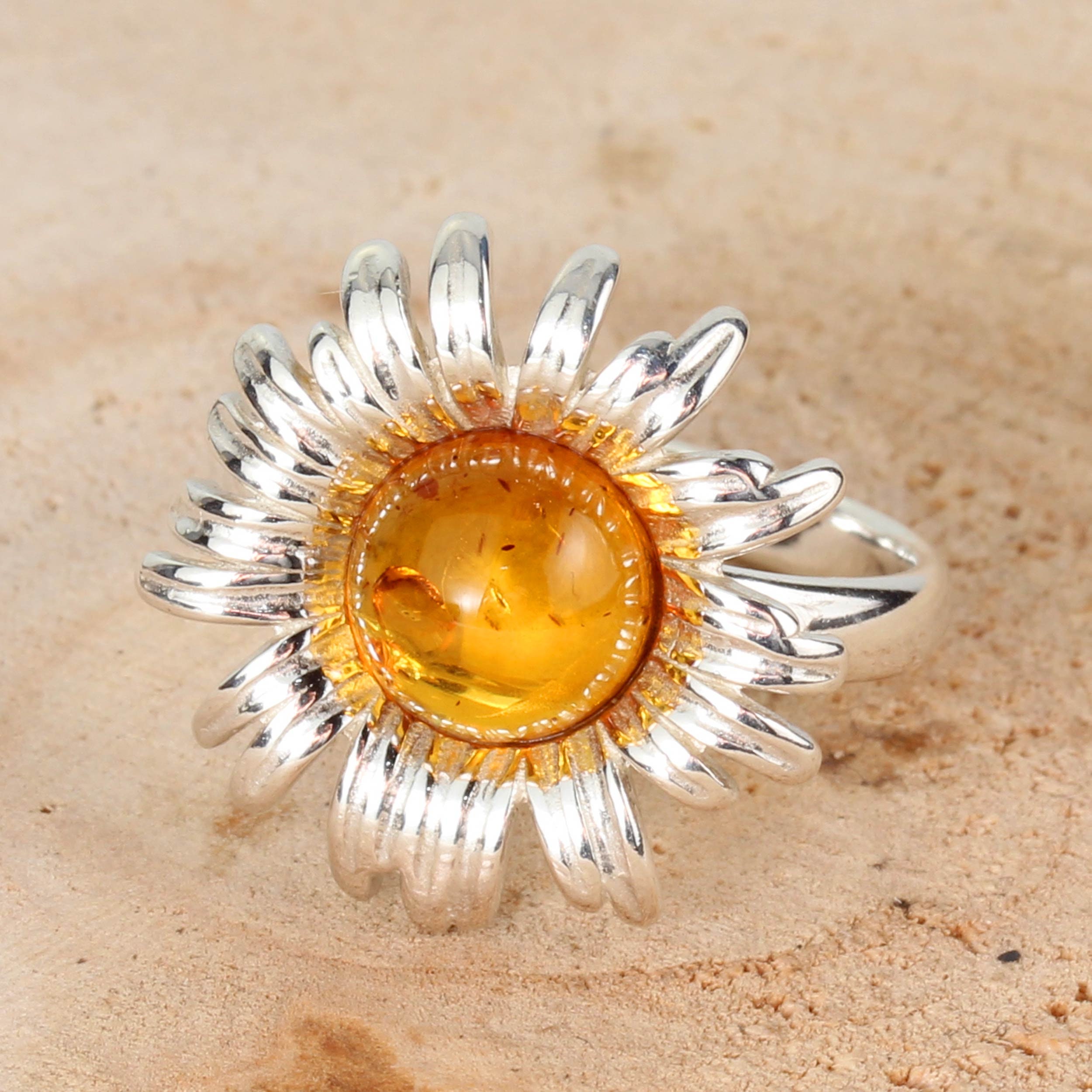 Amber Sunflower Ring 925 Sterling Silver Genuine Honey Baltic Amber ...