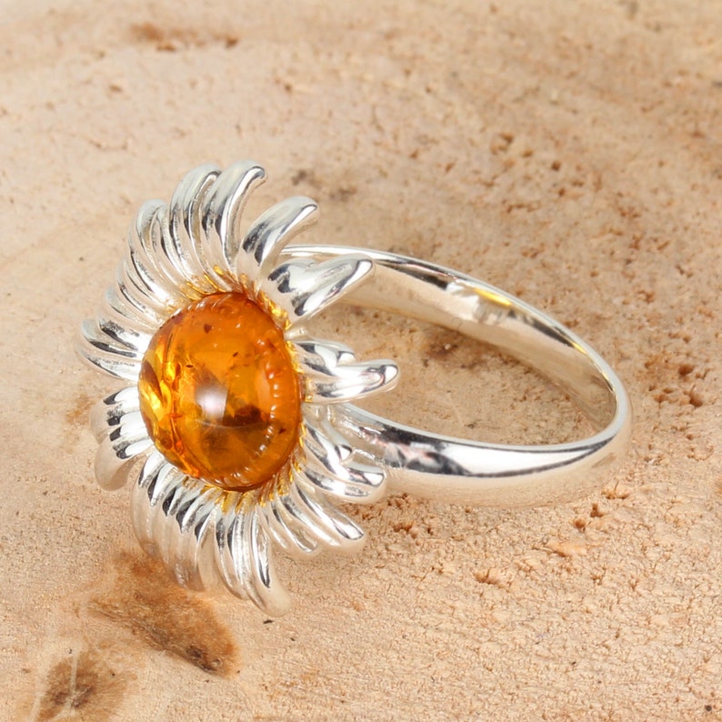 Amber Sunflower Ring 925 Sterling Silver Genuine Honey Baltic Amber ...
