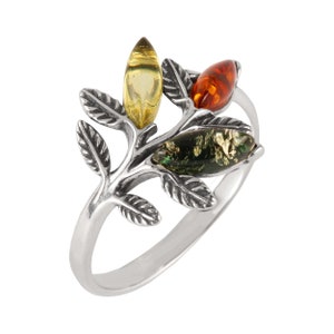 Baltic Amber Leaves Ring, Genuine Honey, Lemon and Green Baltic Amber 925 Sterling Silver Ring, Unusual Amber, Modern Amber, Gift For Her