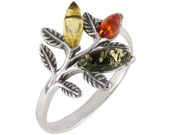 Baltic Amber Leaves Ring, Genuine Honey, Lemon and Green Baltic Amber 925 Sterling Silver Ring, Unusual Amber, Modern Amber, Gift For Her