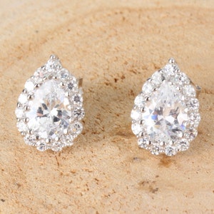 925 Sterling Silver CZ Teardrop Shaped Rhodium Plated Stud Earrings