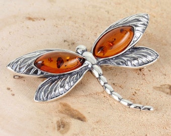 琥珀のトンボのブローチ 925 スターリングシルバー 本物のハニーバルト