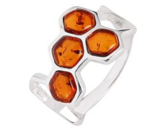 Baltic Amber Ring, Genuine Honey Baltic Amber Bee Honeycomb 925 Sterling Silver Ring, Unusual Amber, Modern Amber, Gift For Her