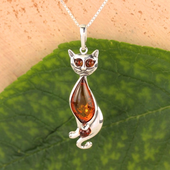 Amber Cat Pendant 925 Sterling Silver Genuine Honey Baltic Amber