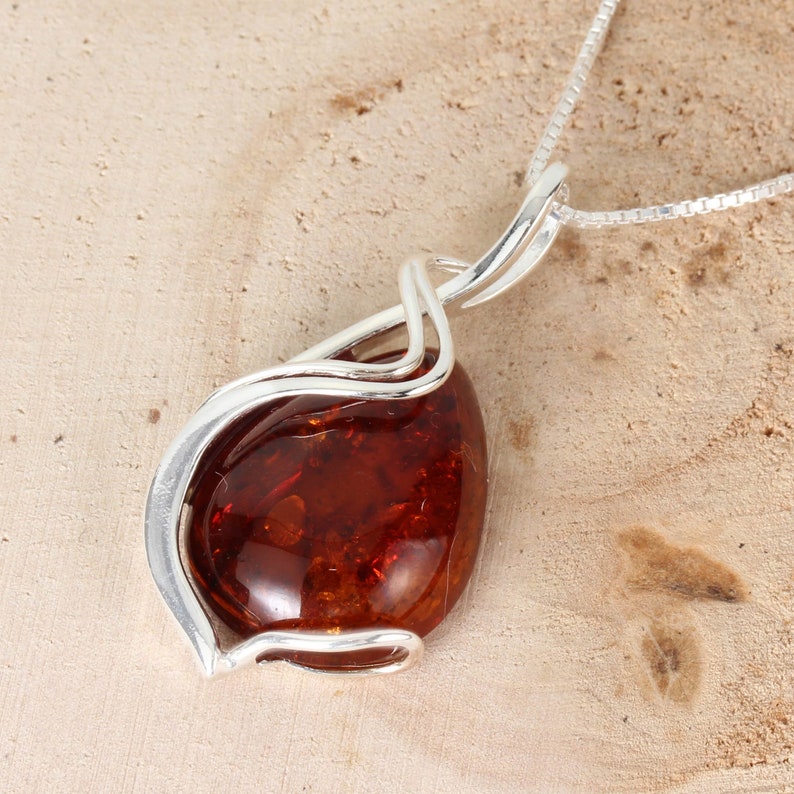 Amber Swirl Overlay Pendant 925 Sterling Silver Cognac Baltic Amber