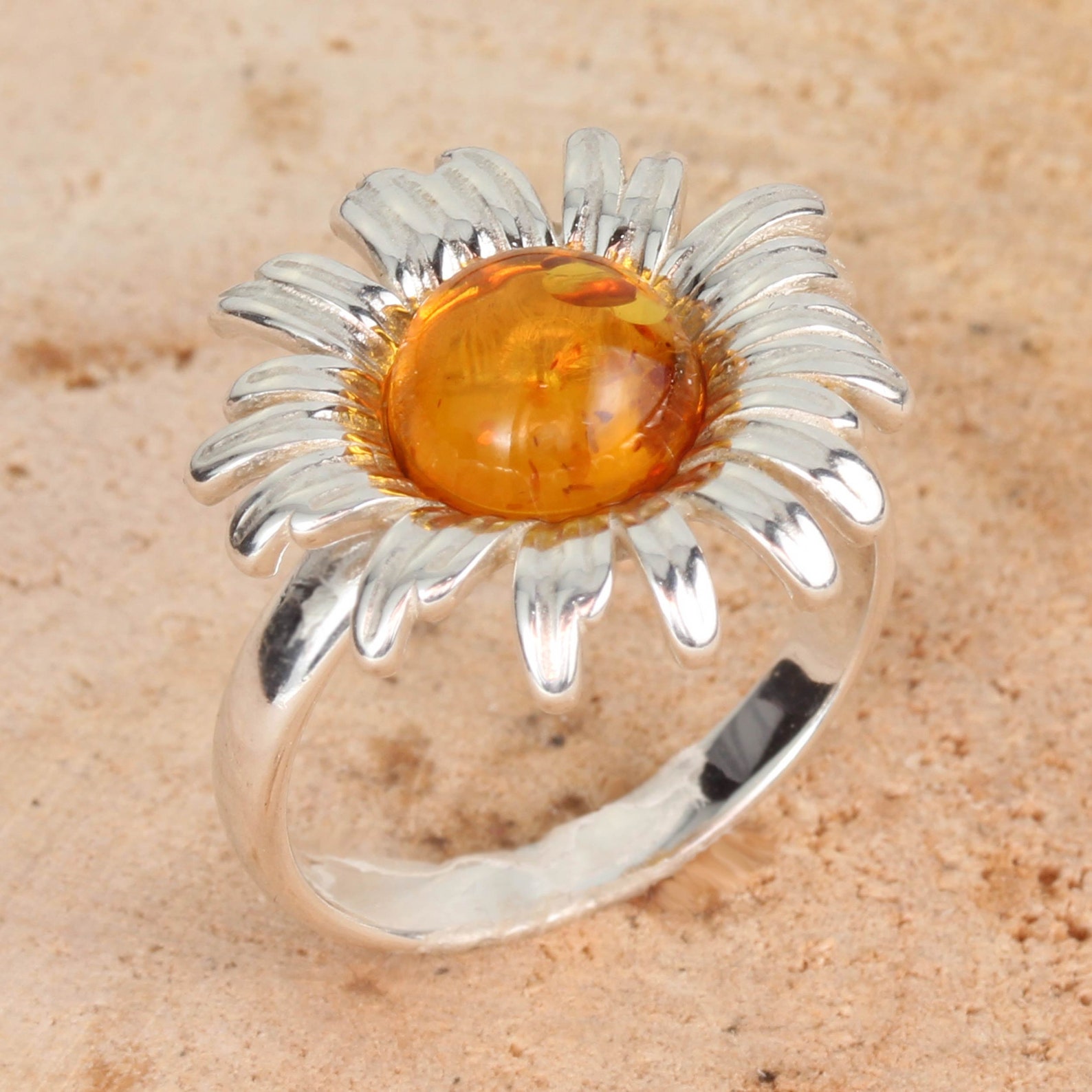Amber Sunflower Ring 925 Sterling Silver Genuine Honey Baltic Amber ...