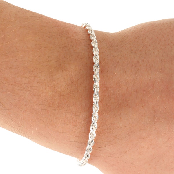 3.3mm Wide Silver Rope Bracelet, 925 Sterling Silver Rope Bracelet, 7.5" or 8.25" , Gifts For Her or Him, Unisex Lightweight Bracelet