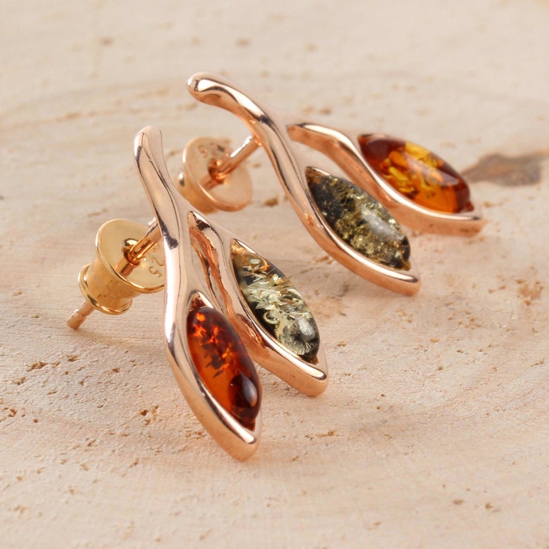 Amber Leaves Stud Earrings Rose Gold Plated 925 Sterling Silver Green And Honey Baltic Amber
