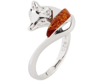 Amber Fox Ring 925 Sterling Silver Genuine Honey Baltic Amber Animals Oxidised Perfect Gifts For Her, Birthday Present