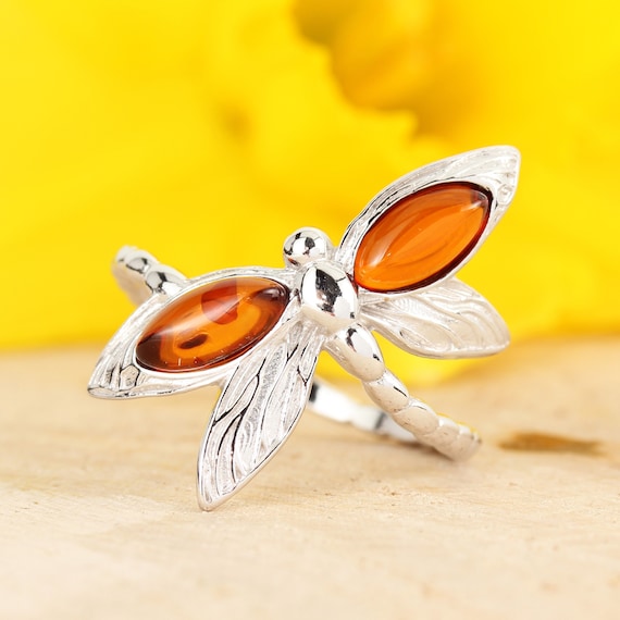 Sterling Silver Amber Dragonfly Ring Sterling Silver Amber Dragonfly Ring