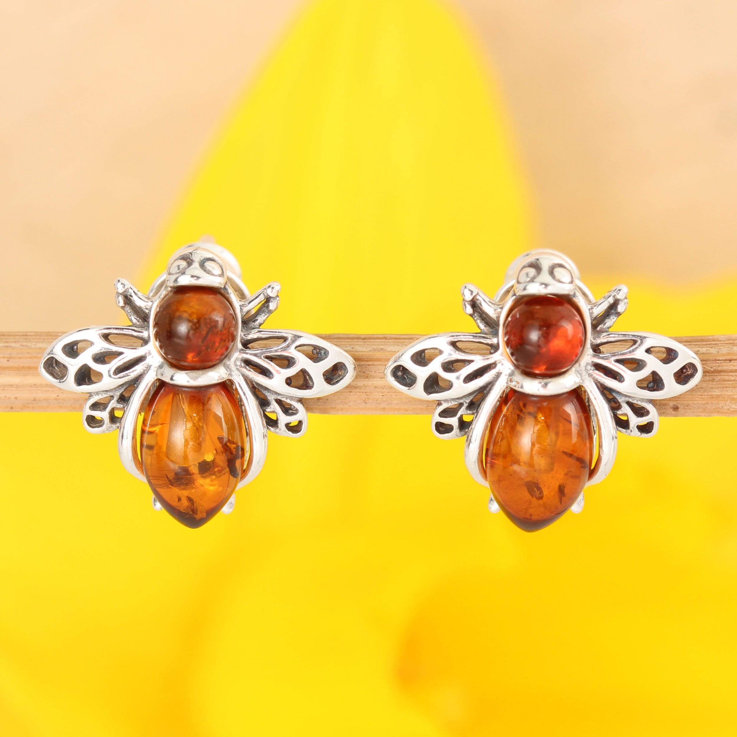 Amber Honey Bee Stud Earrings 925 Sterling Silver Genuine Honey Baltic Amber Animals Oxidised Perfect Gift, Birthday Present, Unusual Amber