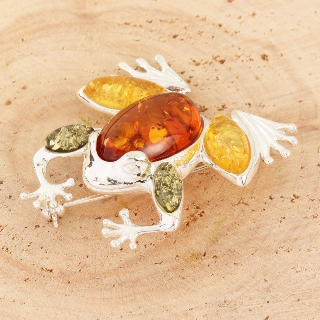 Amber Frog Brooch 925 Sterling Silver Genuine Multicoloured Baltic ...