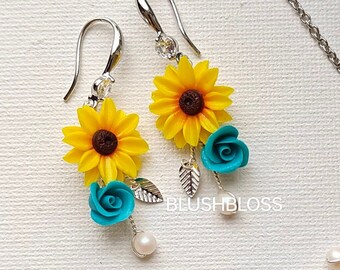 Sunflower Rose Pearl Earring Sunflower Earring Sunflower Turquoise Rose Earring Sunflower Rose Jewelry Sunflower Bridesmaid Gift Fall Weddin