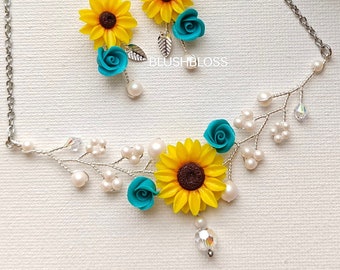Fall Wedding Beauty: Sunflower and Turquoise Headpiece and Jewelry Set - The Perfect Bridesmaid Gifts and bridal jewelry