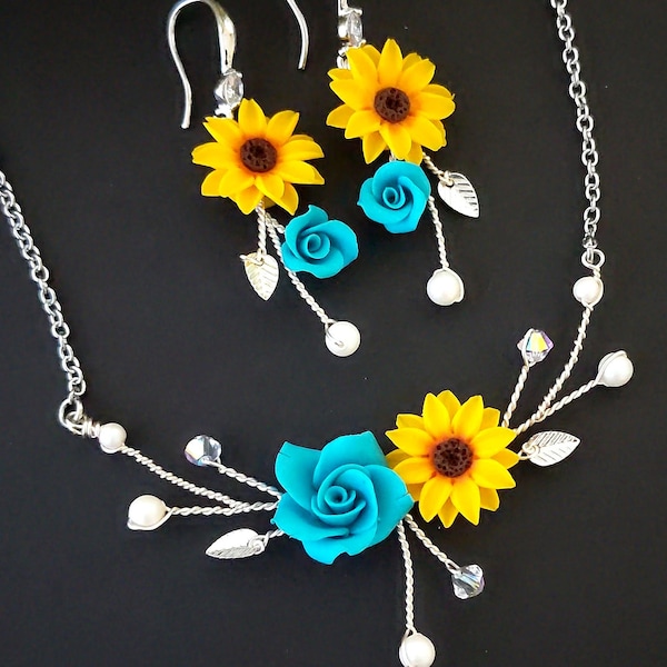 Sunflower Turquoise Blue  Rose Pearl Jewelry Set Sunflower Necklace Sunflower Earring Handmade sunflower jewelry for fall weddings