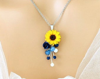 Ukrainian Sunflower Jewelry Set |  Bridesmaid Gift | Necklace and Earrings | Sunflower Royal Blue Rose Necklace Set |Ultramarine Jewelry Set