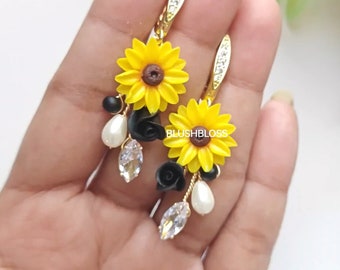 Sunflower Black Rose Jewelry Earring Sunflower Earring Sunflower Jewelry Sunflower Black Rose Jewelry Rustic sunflower wedding jewelry
