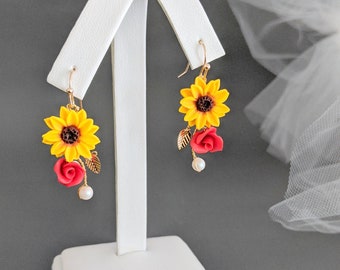 Sunflower Red Rose Pearl Earring Sunflower Earring Sunflower Jewelry Sunflower Red Rose Jewelry Sunflower Wedding Bridesmaid gift for her