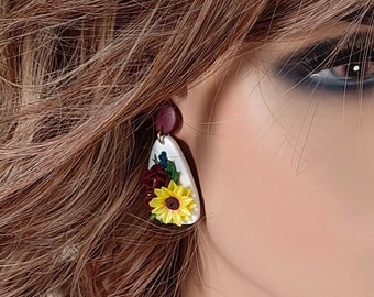 Boho Polymer Clay Sunflower Earrings - Ideal Christmas Gift for Moms - Vibrant Flower Statement earrings Burgundy Yellow Sunflower Earrings