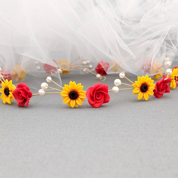 Red Rose Sunflower bridal headband floral head piece sunflower Red Rose hair vein Red Rose Sunflower jewelry for women