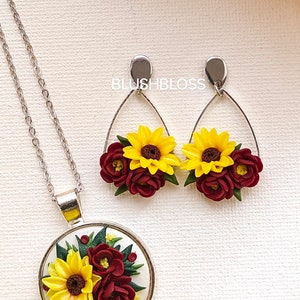 Boho Polymer Clay Sunflower Earrings Ideal Christmas Gift for Moms Vibrant Flower Statement earrings Burgundy Yellow Sunflower Earrings image 6