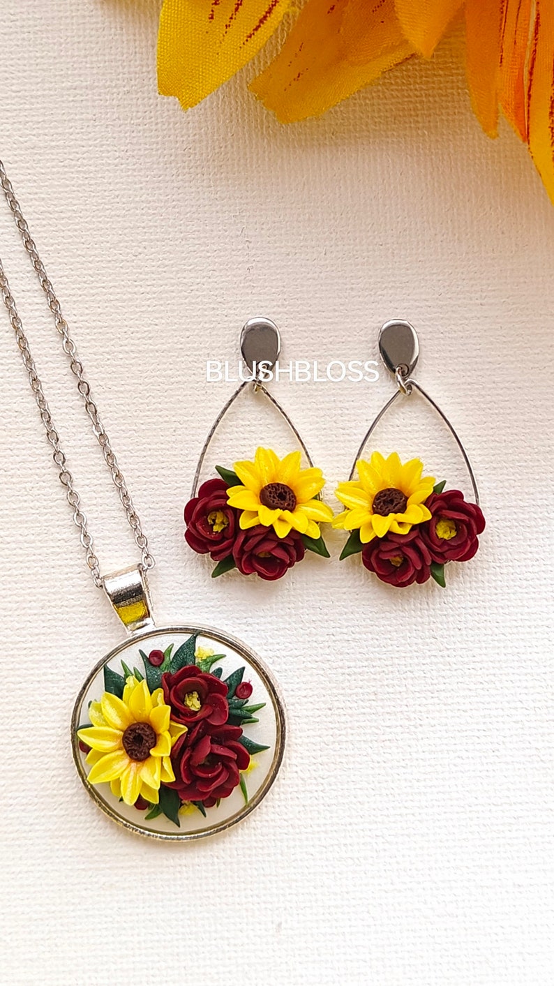 Boho Polymer Clay Sunflower Earrings Ideal Christmas Gift for Moms Vibrant Flower Statement earrings Burgundy Yellow Sunflower Earrings image 6