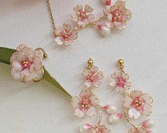 Handsculpted Pink Cherry Blossom Jewelry Set: Necklace, Earrings, Ring & Hairpiece
